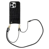 Etui i futerały do telefonów - Etui na telefon Selencia Nova Croco ze sznurkiem i uchwytem na kartę do Apple iPhone 16 Pro - czarne - miniaturka - grafika 1