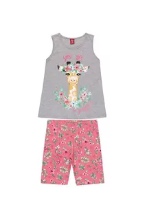 Dresy i komplety dla dziewczynek - Komplet dziewczęcy t-shirt z żyrafą i różowe spodenki w kwiatki - grafika 1