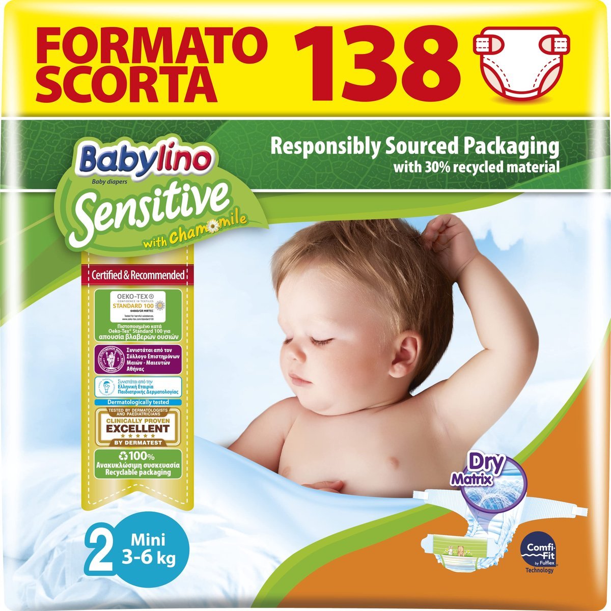 Babylino Sensitive Pieluchy Niemowlęta Rozmiar 2, Mini (3-6kg), 138 Jednostk