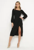 Sukienki - Czarna Koktajlowa Sukienka z Kopertowym Dołem i Ściągaczami przy Rękawach Felilena - miniaturka - grafika 1