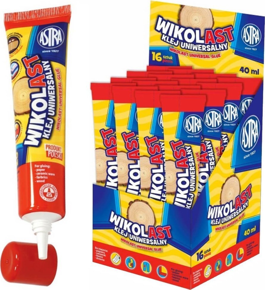 Astra Klej w płynie 40ml tubce z aplikator uniwersalny Wikolast Wikol ASTRA 16szt