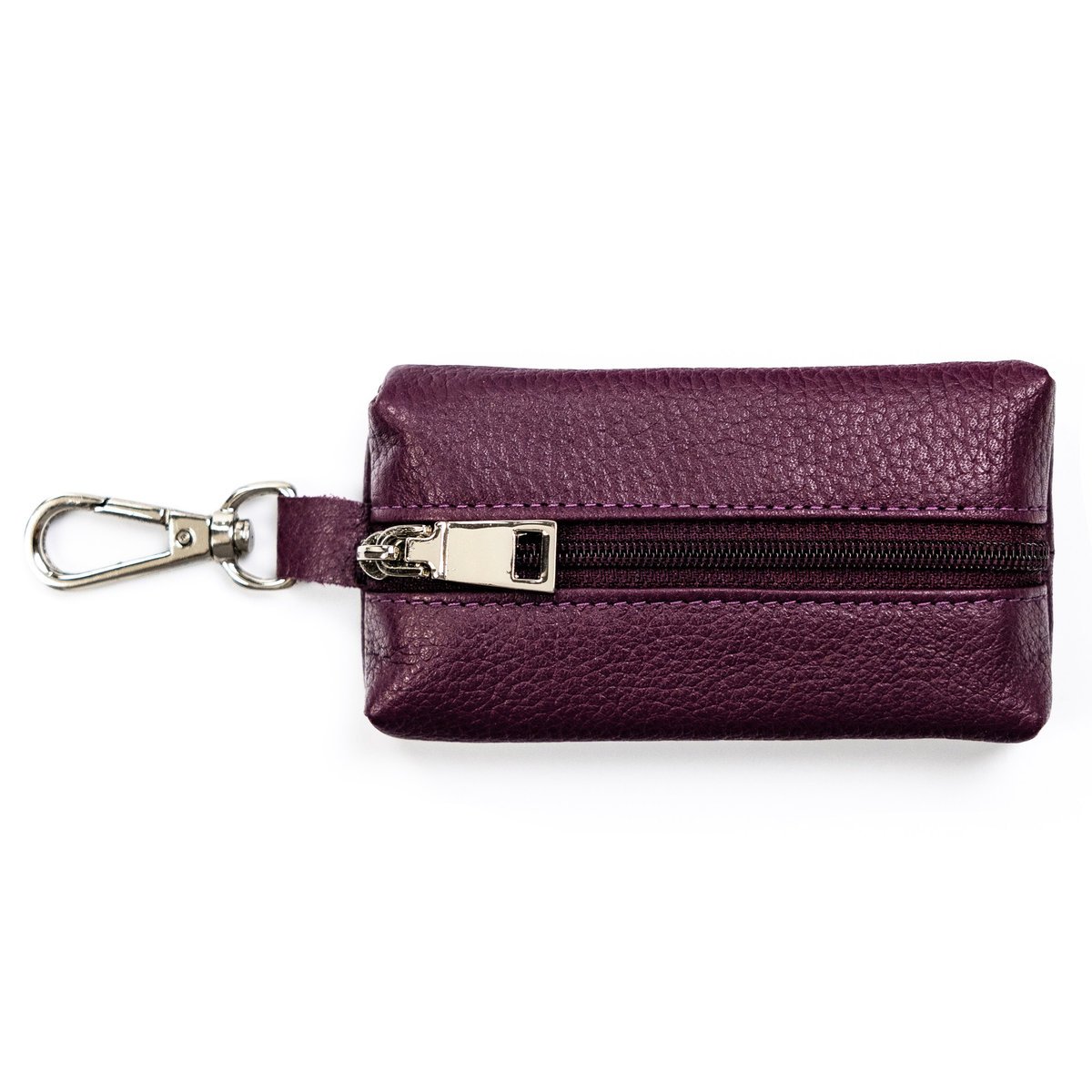 Klasyczne etui na klucze skórzane na suwak fioletowe mały portfelik kółeczko na łańcuszku karabińczyk