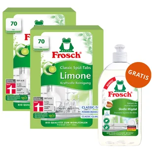 Zestaw Frosch, tabletki do zmywarek, Classic, limonkowe, 2 x 70 sztuk + płyn do mycia naczyń, migdałowy, 500 ml gratis - Środki do zmywarek - miniaturka - grafika 1