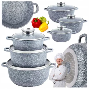 KOMPLET GARNKÓW MARMUROWYCH 6el SOLIDNE Garnki NON-STICK Pokrywa AROMA KNOB - Zestawy garnków i patelni - miniaturka - grafika 1