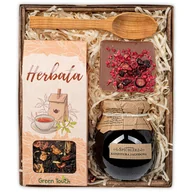 Zestawy upominkowe - Mały kosz prezentowy z herbatą 60g, konfiturą naturalną i czekoladą, drewniana łyżeczka do konfitury - miniaturka - grafika 1