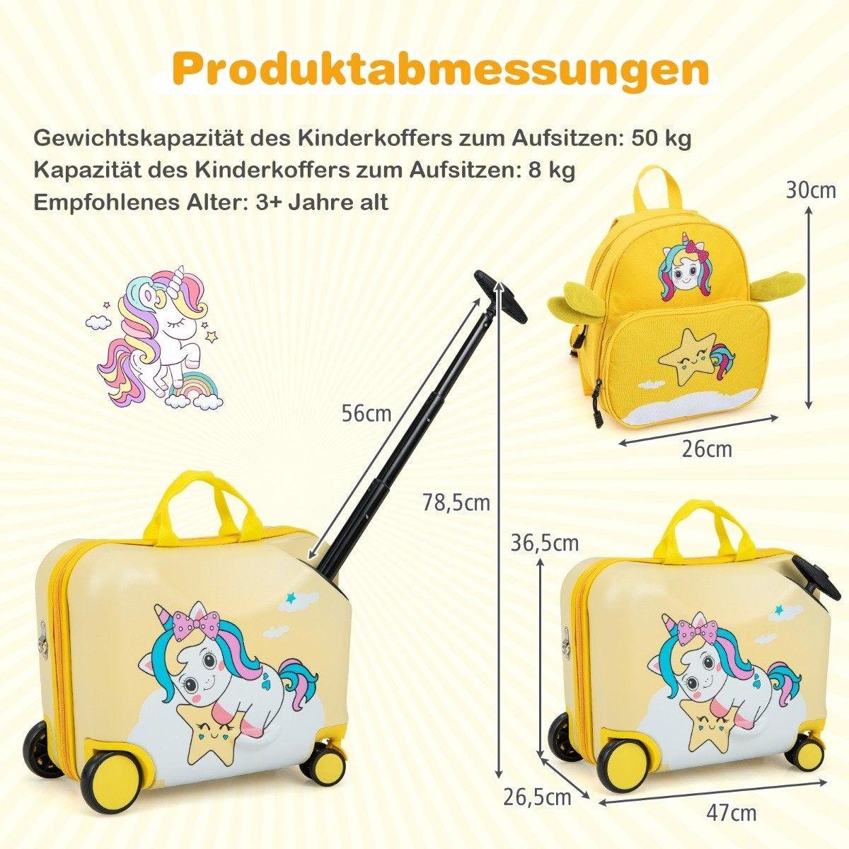 Walizka dziecięca 2-częściowa + plecak Walizka podróżna o długości 47 cm i plecak o szerokości 30 cm żółty jednorożec