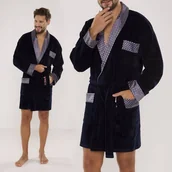 Piżamy damskie - Szlafrok Męski De Lafense Welurowy Do Kolan Z Kieszeniami Elegancki Granatowy 772 Granatowy 3XL - miniaturka - grafika 1