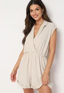 Kombinezony - Beżowy Kombinezon z Nakładkowym Dekoltem i Gumką w Talii Nansaliah - miniaturka - grafika 1