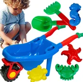 Zabawki do piasku - Niebieska Duża taczka ogrodowa + zestaw morskich foremek + łopatka grabki - miniaturka - grafika 1