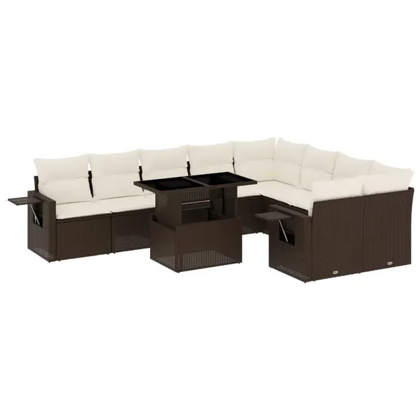 Zestaw mebli ogrodowych rattan PE - 11 elementów, brązowy/Kremowy, 62x62x