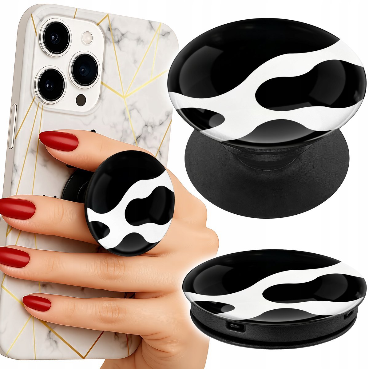 Uchwyt do telefonu Popsocket na palce/stojak CZARNO- BIAŁE ŁATY KROWA WZORY