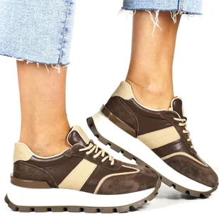 DAMSKIE SNEAKERSY SKÓRZANE NA GRUBEJ PODESZWIE VINCEZA 41497 BRĄZOWE - Półbuty damskie - miniaturka - grafika 1