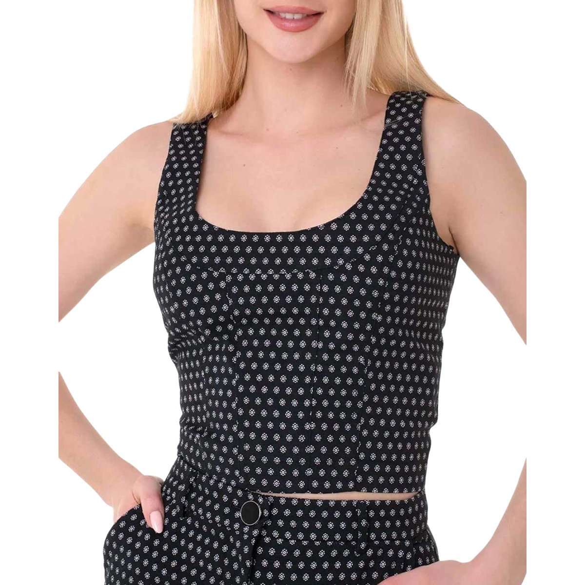 Bluzka damska Guess Eleni Top czarna krótka wzorzysta-S