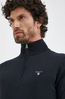 Swetry męskie - Gant sweter bawełniany kolor czarny lekki z półgolfem - grafika 1