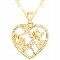 Naszyjniki - Złoty Naszyjnik Serce z Łąką Dwie Ważki Serduszko z Kwiatami SREBRO 925 - miniaturka - grafika 1
