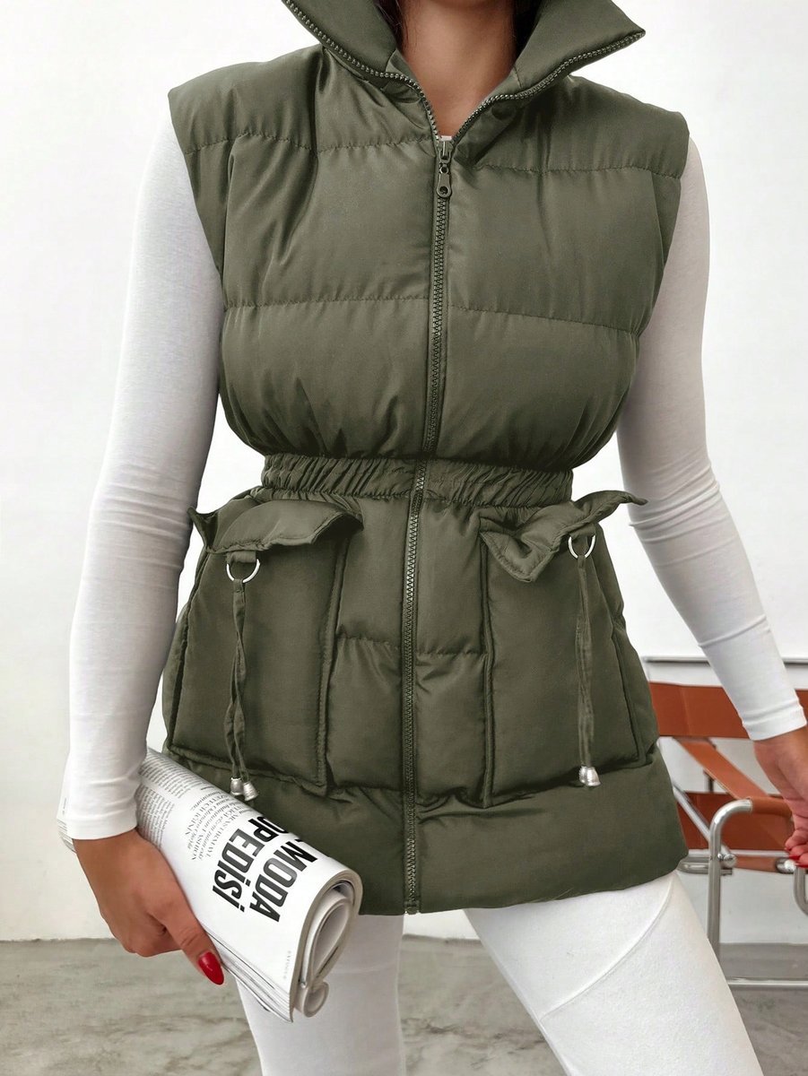 SHEIN KAMIZELKA DAMSKA PIKOWANA Z KIESZENIAMI KHAKI XL 11LA