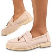Mokasyny damskie - Półbuty Eleganckie Damskie Wiosenne Mokasyny Zamszowe z Zawieszką Beżowe Alisa 40 - miniaturka - grafika 1