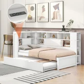 Łóżka dla dzieci i młodzieży - Flieks rozkładana sofa z wysuwanym łóżkiem, łóżko pojedyncze z USB i półką, łóżko dla gości drewniane z listwową ramą, łóżko młodzieżowe łóżko dziecięce 90x200cm/90x190cm, biały - miniaturka - grafika 1