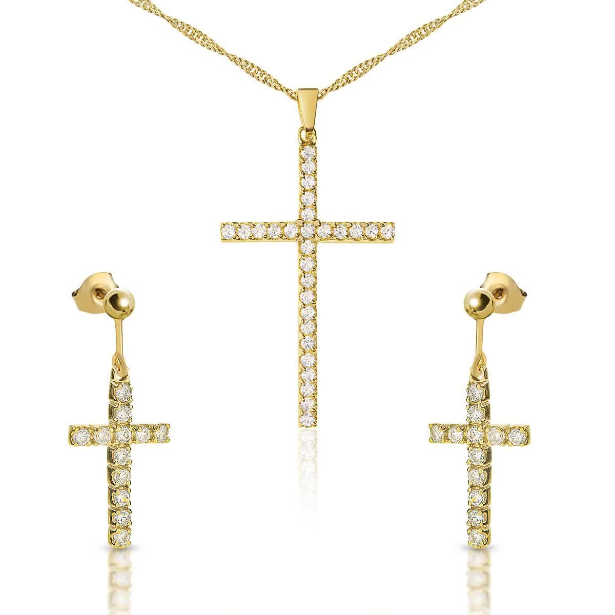 Srebrny pozłacany zestaw biżuterii krzyżyki z cyrkoniami