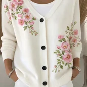 Kurtki damskie - TEMU Elegancki Różowy Kardigan Damski z Kwiatowym Wzorem, Dekoltem V i Zapięciem na Guziki Luźny Krój, Modny Wzór Akwareli z Różami, Warstwowa - miniaturka - grafika 1