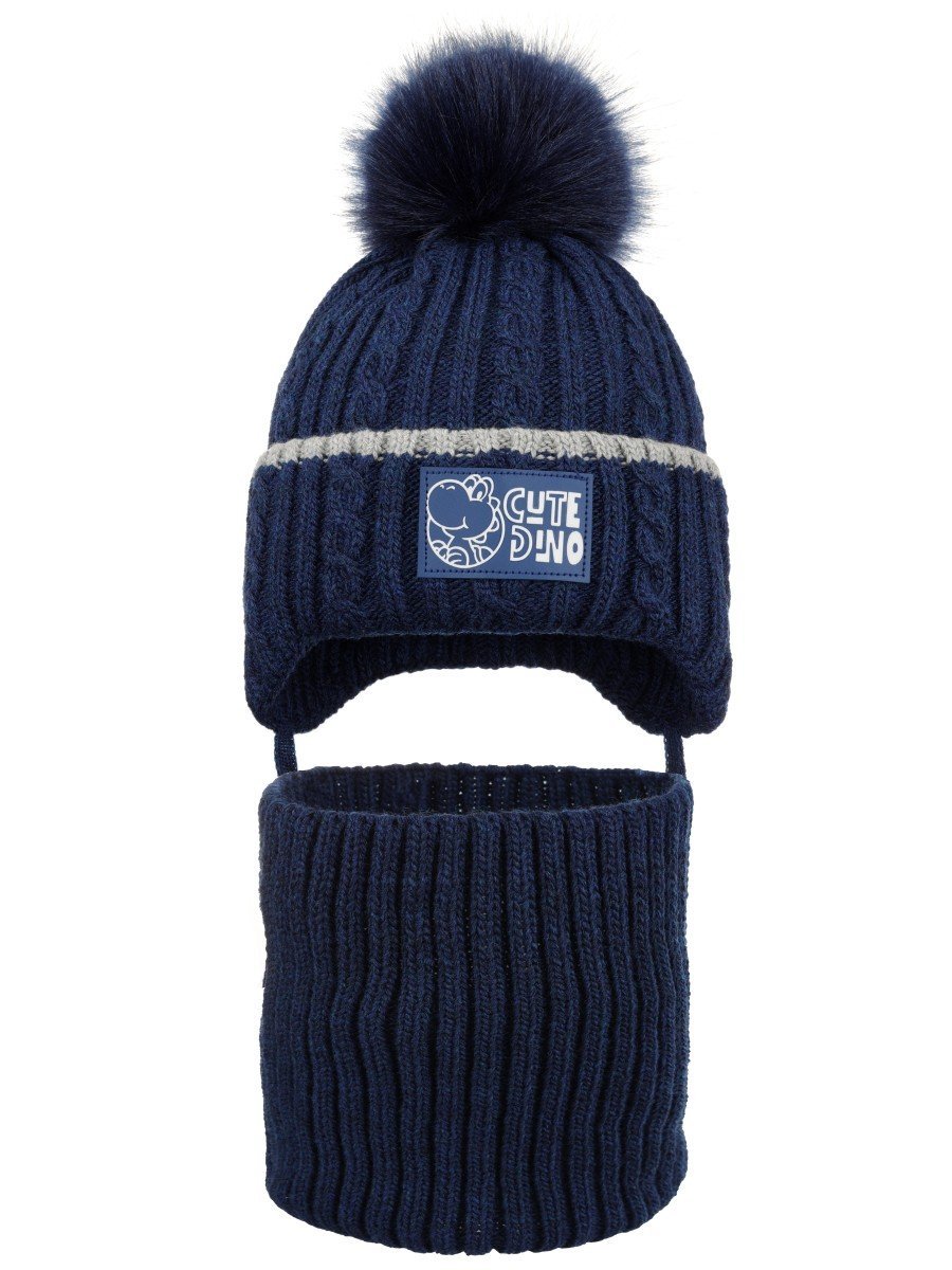 Chłopięcy komplet zimowy czapka i komin dino ciemnoniebieski Ambra Biz r.46/48