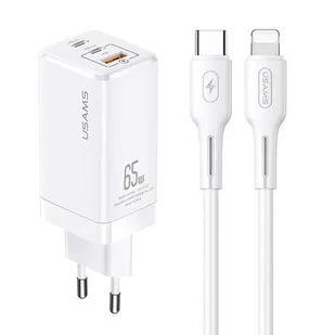 Usams Ład. siec. Mt 2xUSB-C+USB GaN 65W Pd + kabel - Ładowarki do telefonów - miniaturka - grafika 1