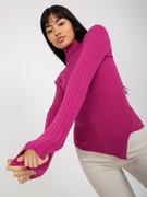 Swetry damskie - Sweter asymetryczny fuksjowy casual dekolt stójka rękaw długi materiał prążkowany - miniaturka - grafika 1