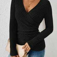 Bluzki damskie - TEMU Damska koszulka z długim rękawem i wycięciem w kształcie litery V, jednokolorowa, z guzikami - miniaturka - grafika 1