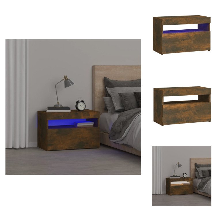 vidaXL Szafka nocna z oświetleniem LED dąb wędzony 60x35x40 cm - Szafki nocne