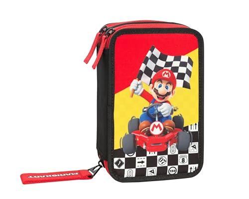 Franco Cosimo Panini MARIO KART - Oficjalny piórnik szkolny Mario Kart, 3 przegródki dla chłopców i dziewczynek, z zestawem na artykuły pa, niebieski długopis Frixion i praktycznym zamkiem