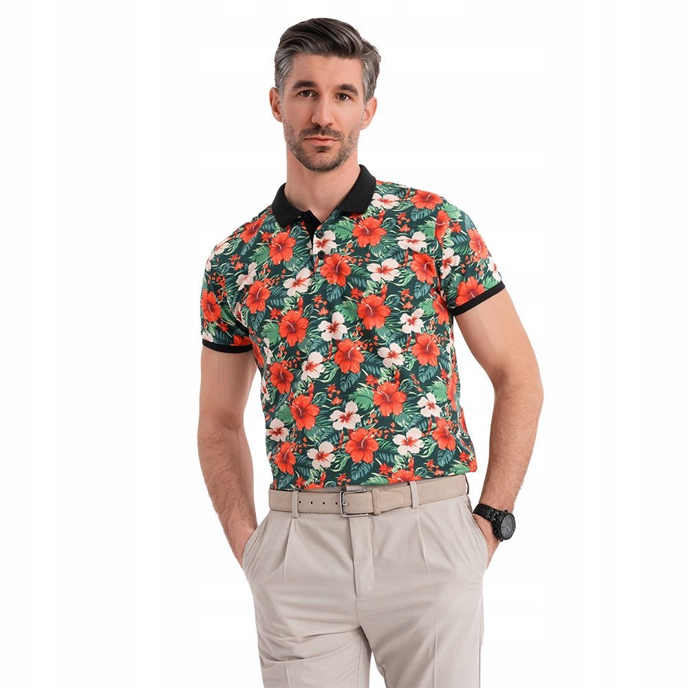 Polo koszulka bawełniana w kwiaty czarna wygodna Ombre OM-POSS-0149 V2 S