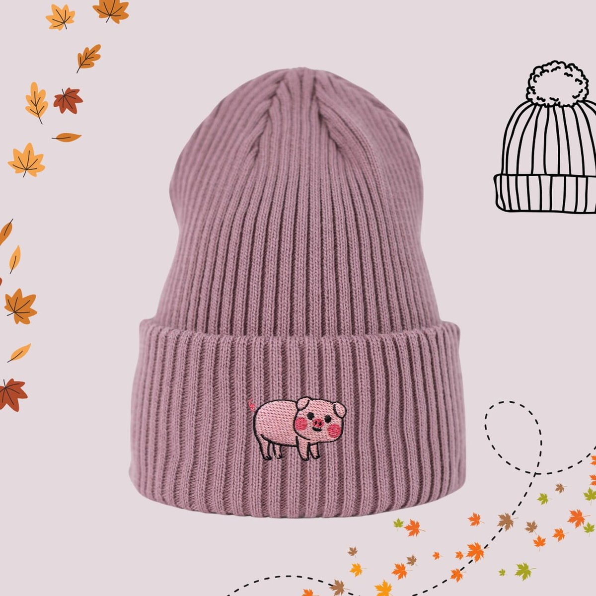 Haftowana czapka beanie - ŚWINKA - różowa