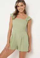 Kombinezony - Jasnozielony Kombinezon Bawełniany na Ramiączkach z Falbanką i Krótkimi Nogawkami Liadia - miniaturka - grafika 1