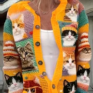 Swetry damskie - TEMU Damski Kardigan z 3D Kwiatowym Nadrukiem – Modny Sweter z Guzikami w Wzór Kota, Okrągły Dekolt i Detale Guzików, Pranie w Praniu Maszynowym/Nie - miniaturka - grafika 1