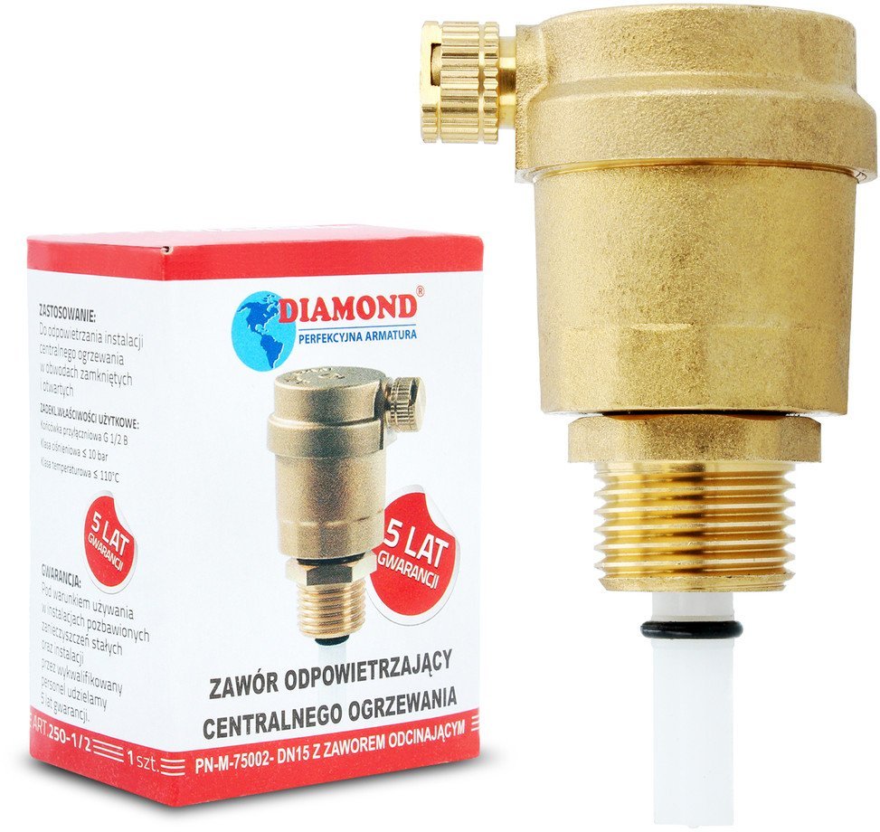 Diamond zawór odpowietrzający CO automatyczny z zaworem odcinającym 1/2