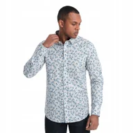 Koszule męskie - Koszula męska SLIM FIT w print gałązek niebiesko-szara V2 OM-SHPS-0163 L - miniaturka - grafika 1
