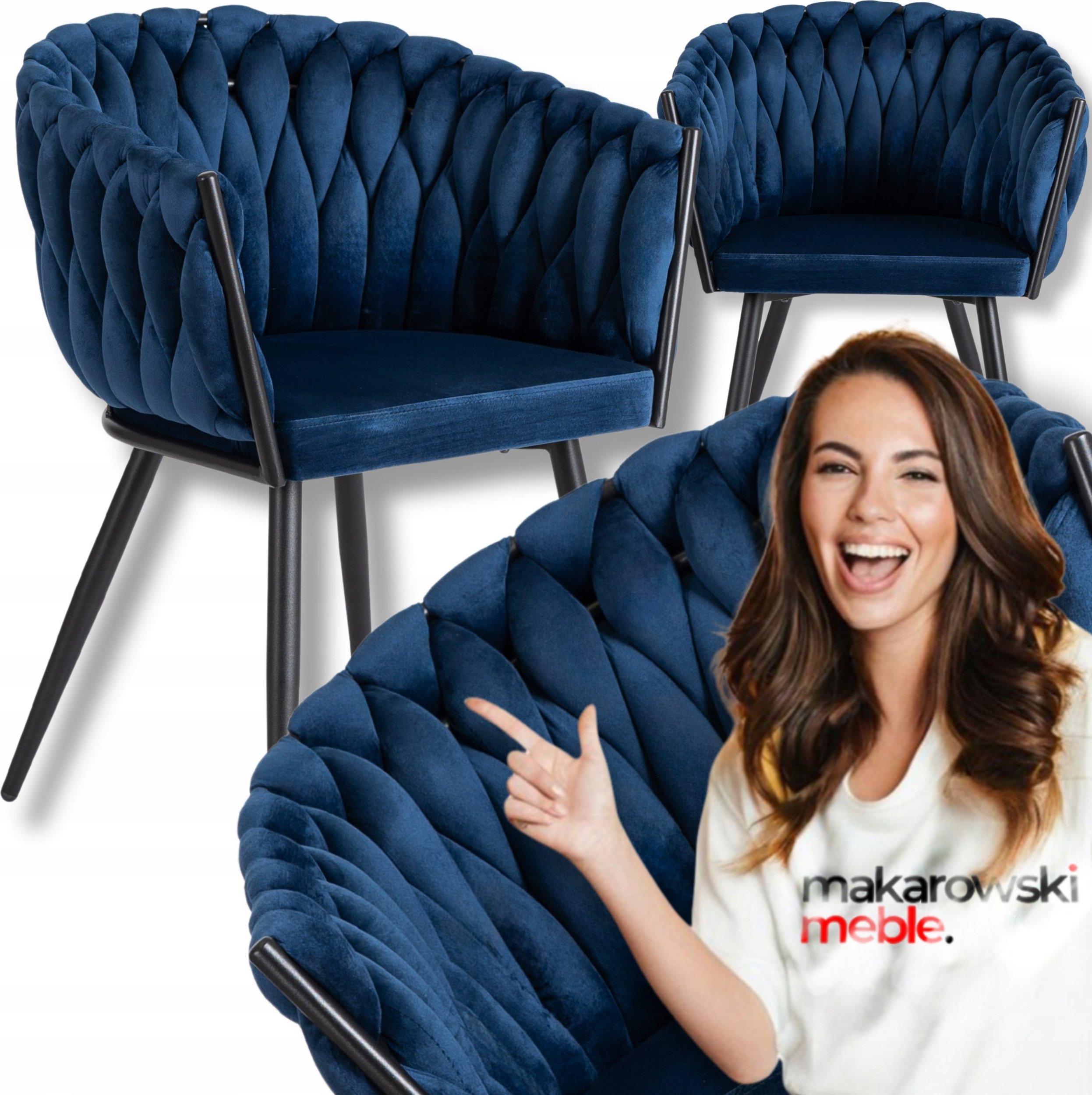 Krzesło Tapicerowane Welur Glamour ELENA Plecione Granatowe Salon Jadalnia