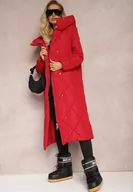 Kurtki damskie - Czerwona Pikowana Kurtka Płaszcz za Kolano z Kapturem Kinassan - miniaturka - grafika 1