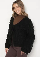 Swetry damskie - Czarny Wiązany Kardigan z Dodatkiem Wełny i Wiskozy Zdobiony Frędzlami Tiravea - miniaturka - grafika 1