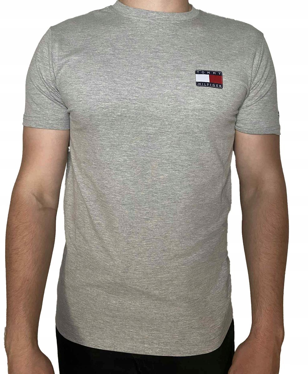 Męski T-shirt Bawełniany Szara Koszulka TOMMY HILFIGER z Logo PREMIUM r.M