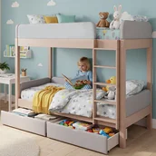 Łóżka dla dzieci i młodzieży - Łóżka piętrowe 2 x 90 x 200 cm z amortyzującymi krawędziami z pianki - Drewno kauczukowe i MDF - Szary + Naturalny (materace nie są wliczone w cenę) - miniaturka - grafika 1