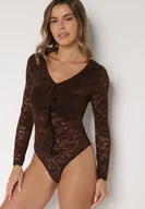 Body - Brązowe Koronkowe Body z Falbanką Vidane - miniaturka - grafika 1