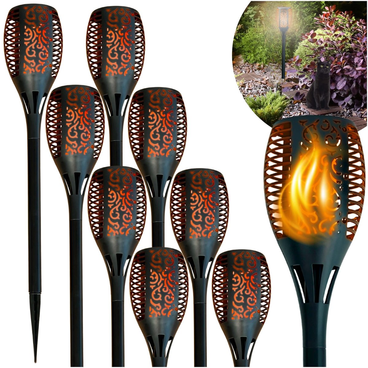 Zestaw 8x Lampa Solarna Pochodnia 33 LED, Ogrodowa Wbijana Latarnia Płomień BLIXTAR