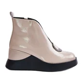 Botki damskie - S.Barski Lakierowane Botki Na Koturnie Ocieplane D&A MR880-136 Beżowe beżowy - miniaturka - grafika 1