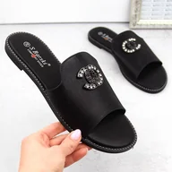 Klapki i japonki damskie - Klapki damskie komfortowe z cyrkoniami czarne S.Barski 050 - miniaturka - grafika 1