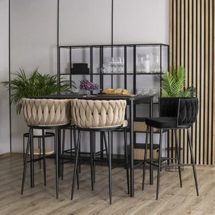 Krzesło Barowe Tapicerowane Plecione Hoker FLORES Beżowe Welurowe Nowoczesne Loft - Taborety i hokery - miniaturka - grafika 1