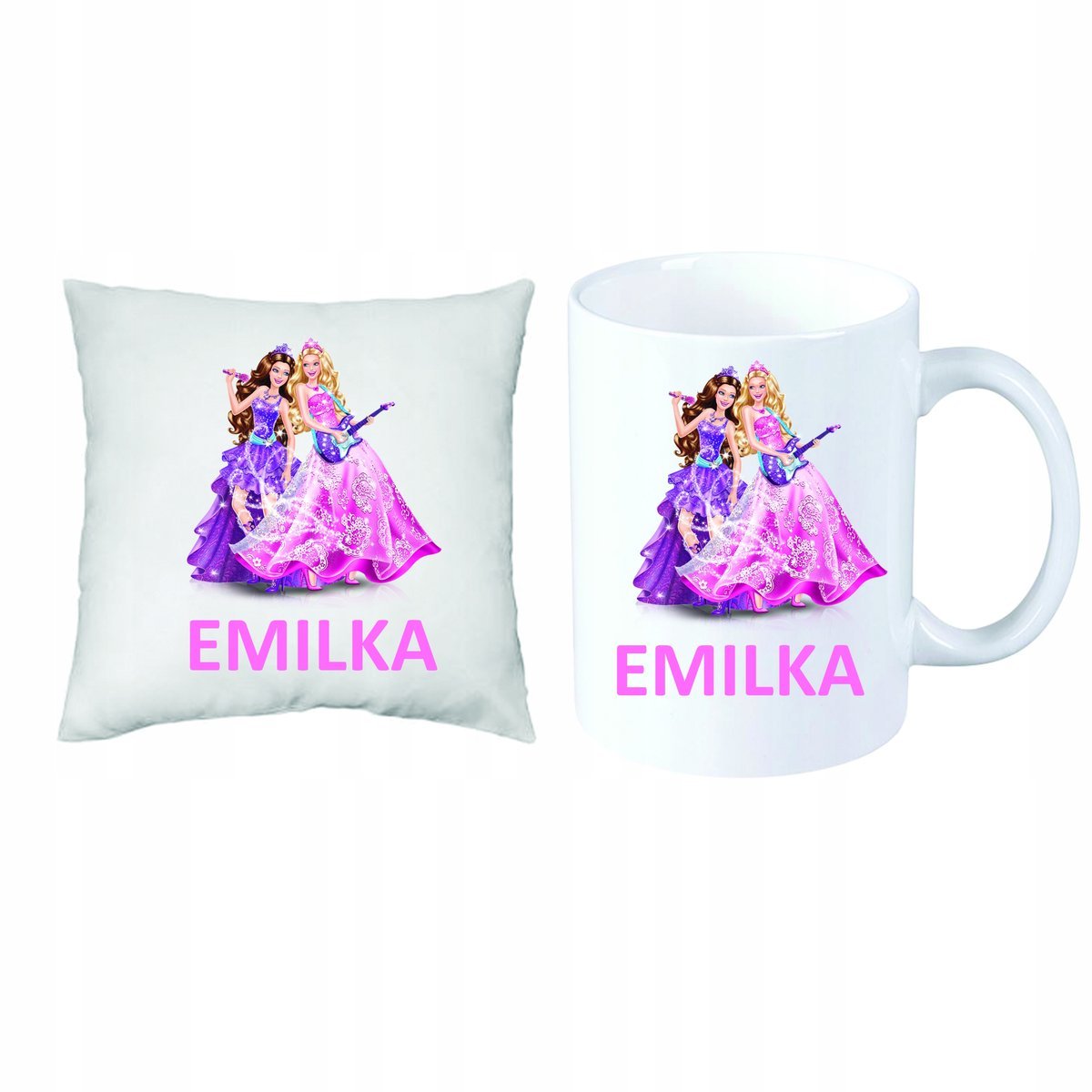 Barbie Lalki ZESTAW PREZENT PODUSZKA + KUBEK+ IMIĘ