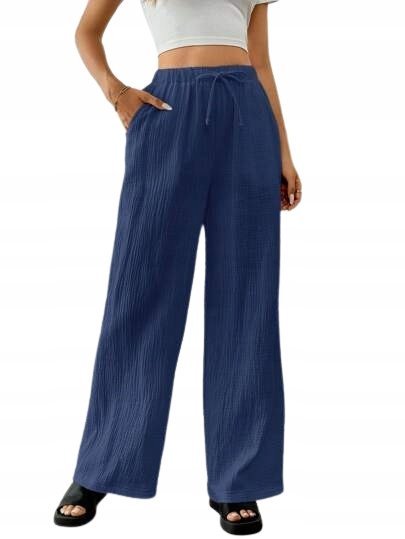 SHEIN GRANATOWE SPODNIE PALAZZO Z WIĄZANIEM W PASIE BAWEŁNA TALL S 1GC