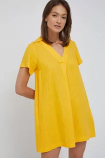 Sukienki - Sisley sukienka lniana kolor żółty mini prosta - grafika 1