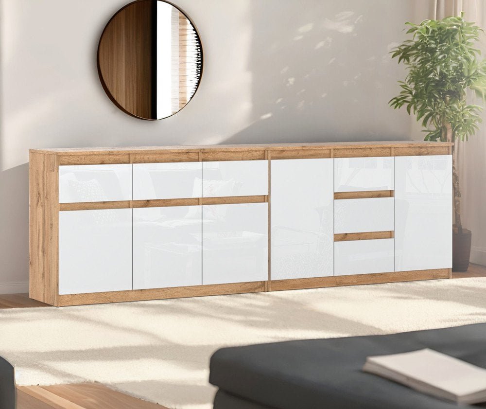 Komoda Duża 6 Szuflad 240cm Szafka Salon Sypialnia Wotan Biały Połysk
